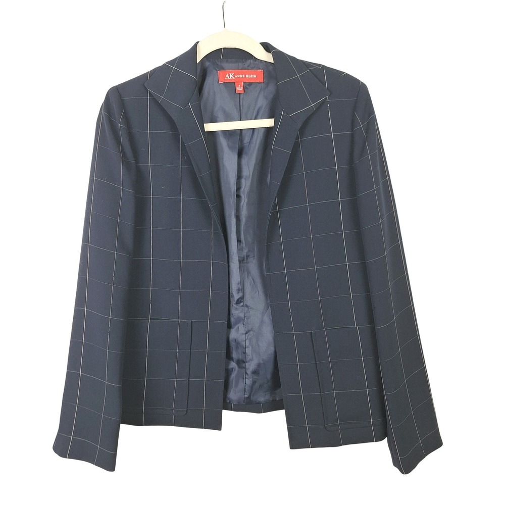 Anne Klein Womens Black White Windowpane Check Open Front Blazer Jacket Size 4